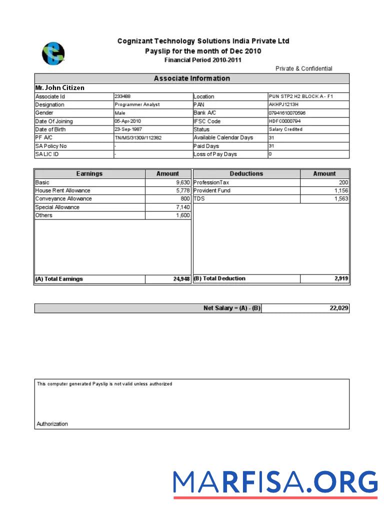 Printable India Cognizant Technology Solutions India Private Ltd payslip sample